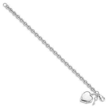 SSB Sterling Silver Rhodium-plated Puffed Heart Locket & Key Bracelet