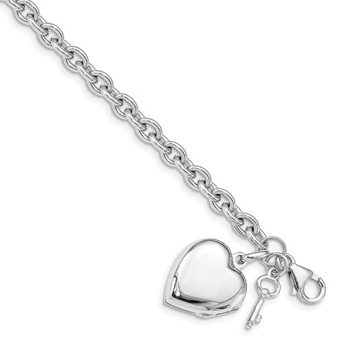 SSB Sterling Silver Rhodium-plated Puffed Heart Locket & Key Bracelet
