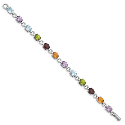 Sterling Silver Rhodium-plated Oval Multi-gemstone Bracelet