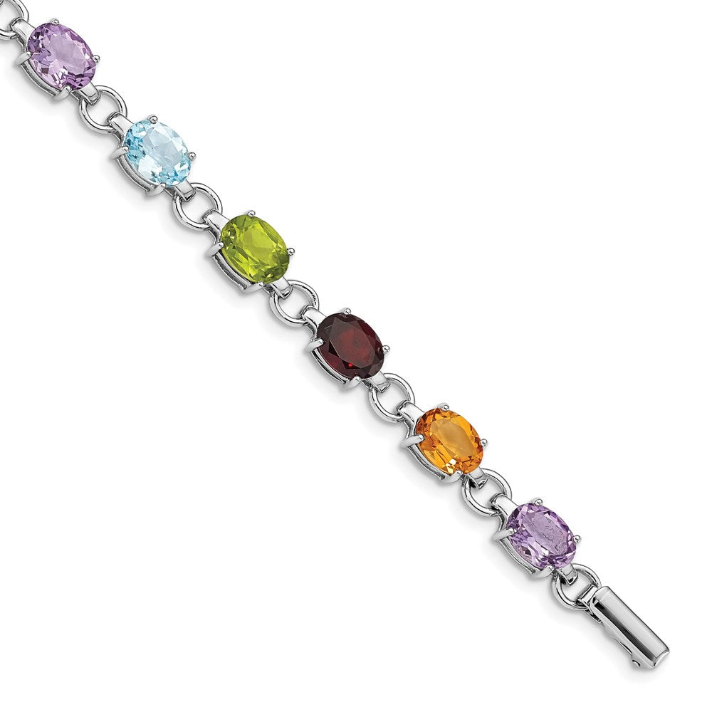 Sterling Silver Rhodium-plated Oval Multi-gemstone Bracelet