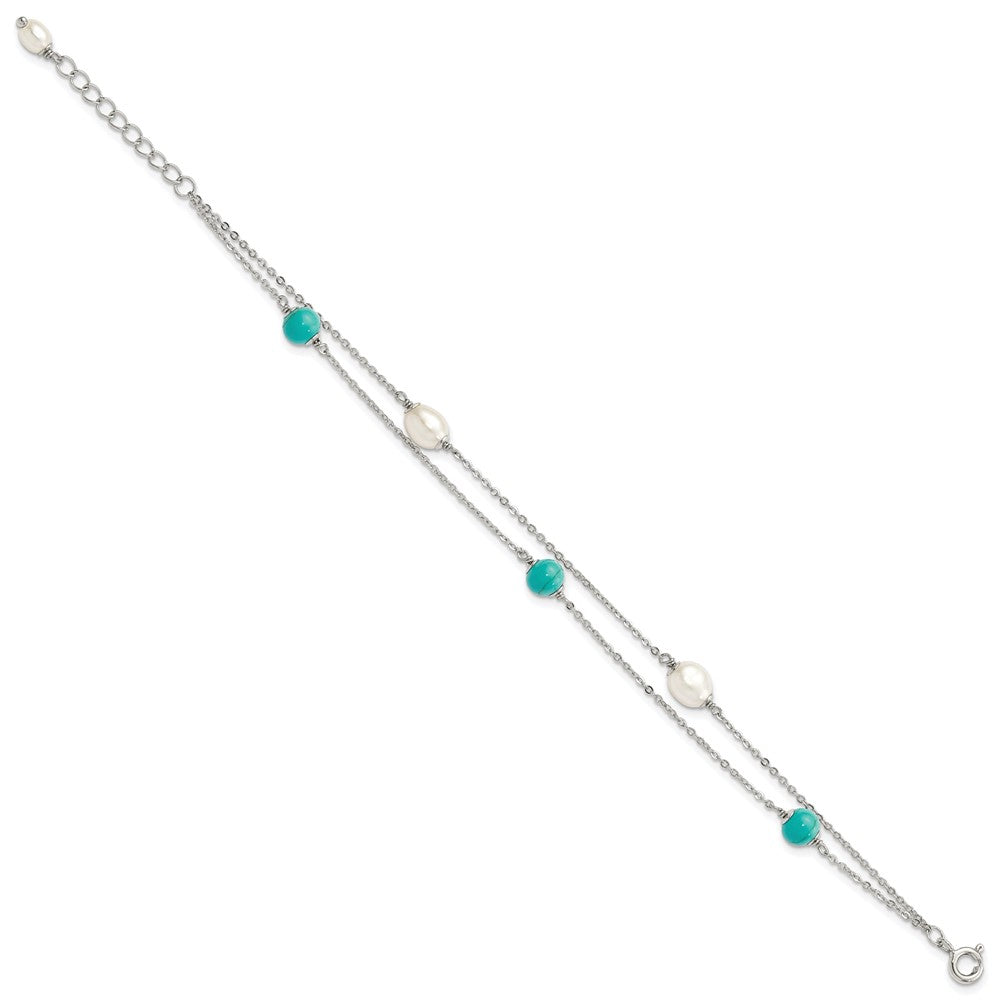 PSSB Sterling Silver Rhodium-plated Turquoise/FWC Pearl w/1in Ext Bracelet