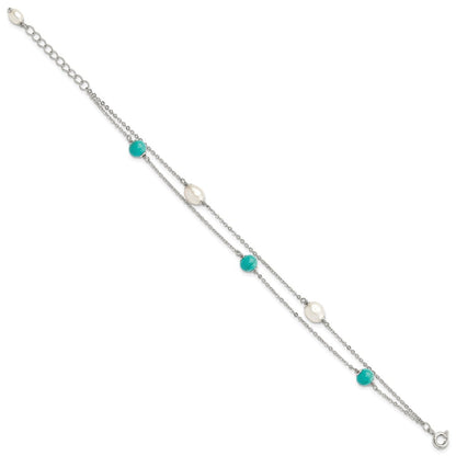 PSSB Sterling Silver Rhodium-plated Turquoise/FWC Pearl w/1in Ext Bracelet