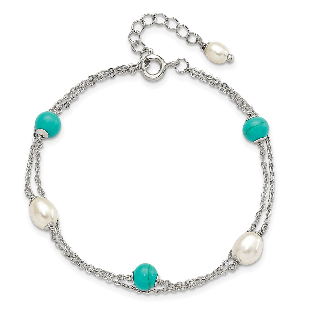 PSSB Sterling Silver Rhodium-plated Turquoise/FWC Pearl w/1in Ext Bracelet