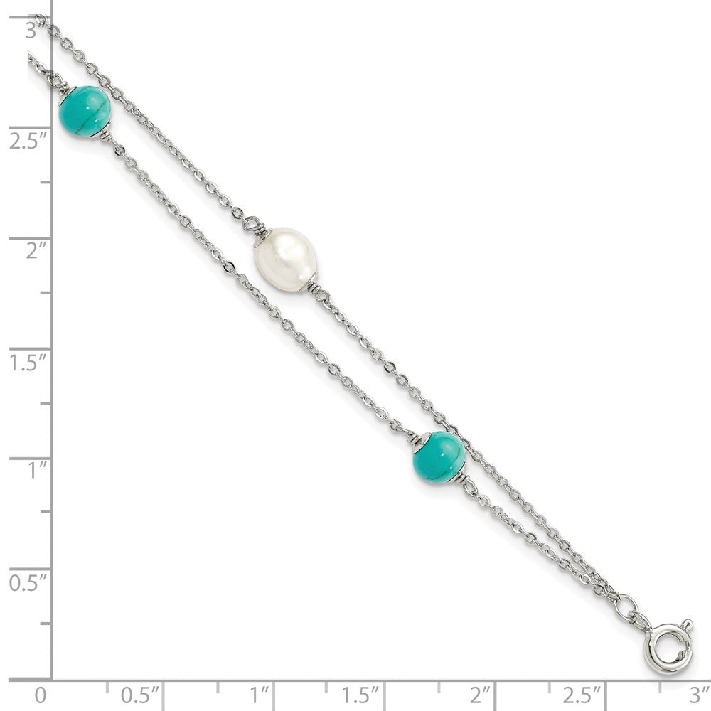 PSSB Sterling Silver Rhodium-plated Turquoise/FWC Pearl w/1in Ext Bracelet