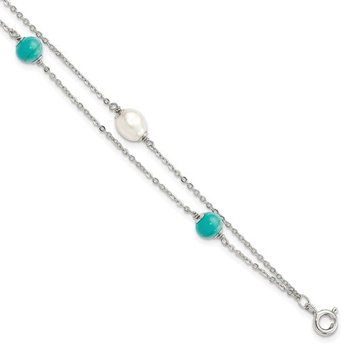 PSSB Sterling Silver Rhodium-plated Turquoise/FWC Pearl w/1in Ext Bracelet