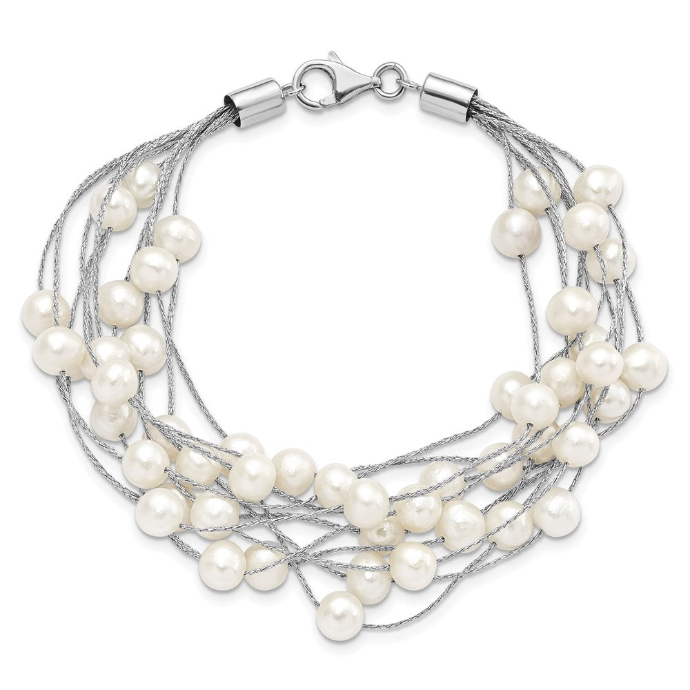 PSSB Sterling Silver Rhodium-plated 5-6mm White Semi-Round Freshwater Cultured Pearl Multi Strand 7.25 inch Bracelet