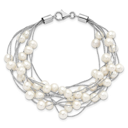 PSSB Sterling Silver Rhodium-plated 5-6mm White Semi-Round Freshwater Cultured Pearl Multi Strand 7.25 inch Bracelet