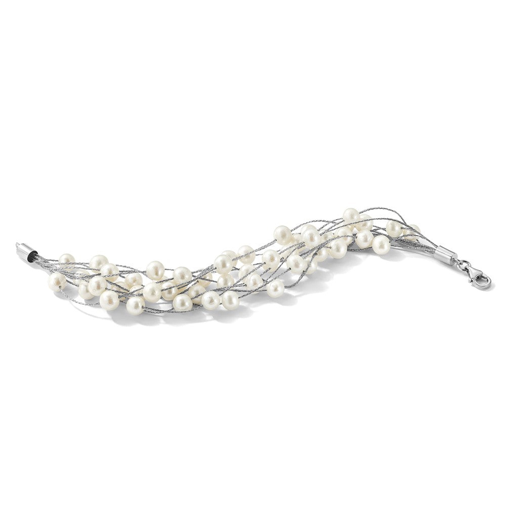 PSSB Sterling Silver Rhodium-plated 5-6mm White Semi-Round Freshwater Cultured Pearl Multi Strand 7.25 inch Bracelet