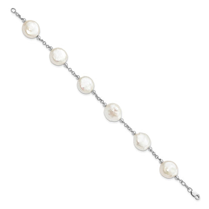 PSSB Sterling Silver Rhodium-plated 12-13mm White Coin Freshwater Cultured Pearl 6-Station 7.5 inch Bracelet