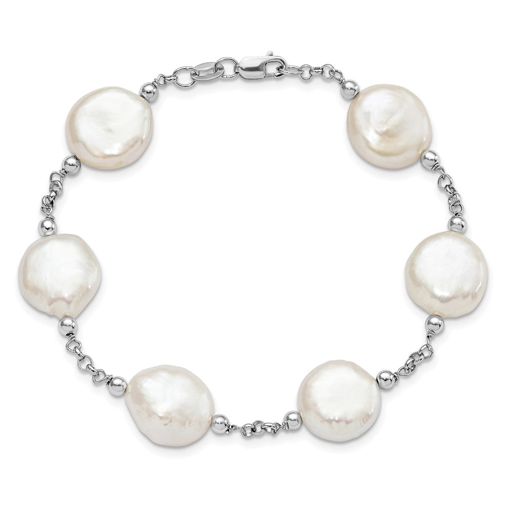 PSSB Sterling Silver Rhodium-plated 12-13mm White Coin Freshwater Cultured Pearl 6-Station 7.5 inch Bracelet