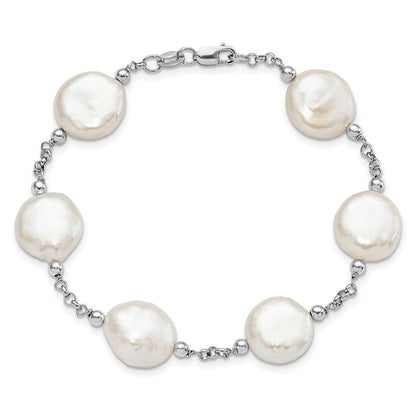 PSSB Sterling Silver Rhodium-plated 12-13mm White Coin Freshwater Cultured Pearl 6-Station 7.5 inch Bracelet