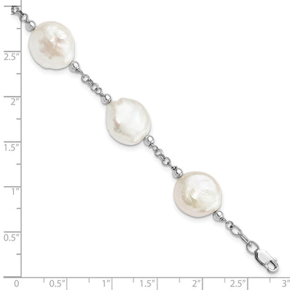 PSSB Sterling Silver Rhodium-plated 12-13mm White Coin Freshwater Cultured Pearl 6-Station 7.5 inch Bracelet