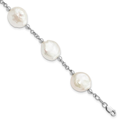 PSSB Sterling Silver Rhodium-plated 12-13mm White Coin Freshwater Cultured Pearl 6-Station 7.5 inch Bracelet
