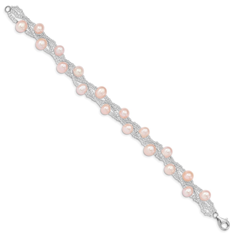 PSSB Sterling Silver Rhodium-plated 7-9mm Pink Semi-Round Freshwater Cultured Pearl and Glass Beaded 7.5 inch Bracelet