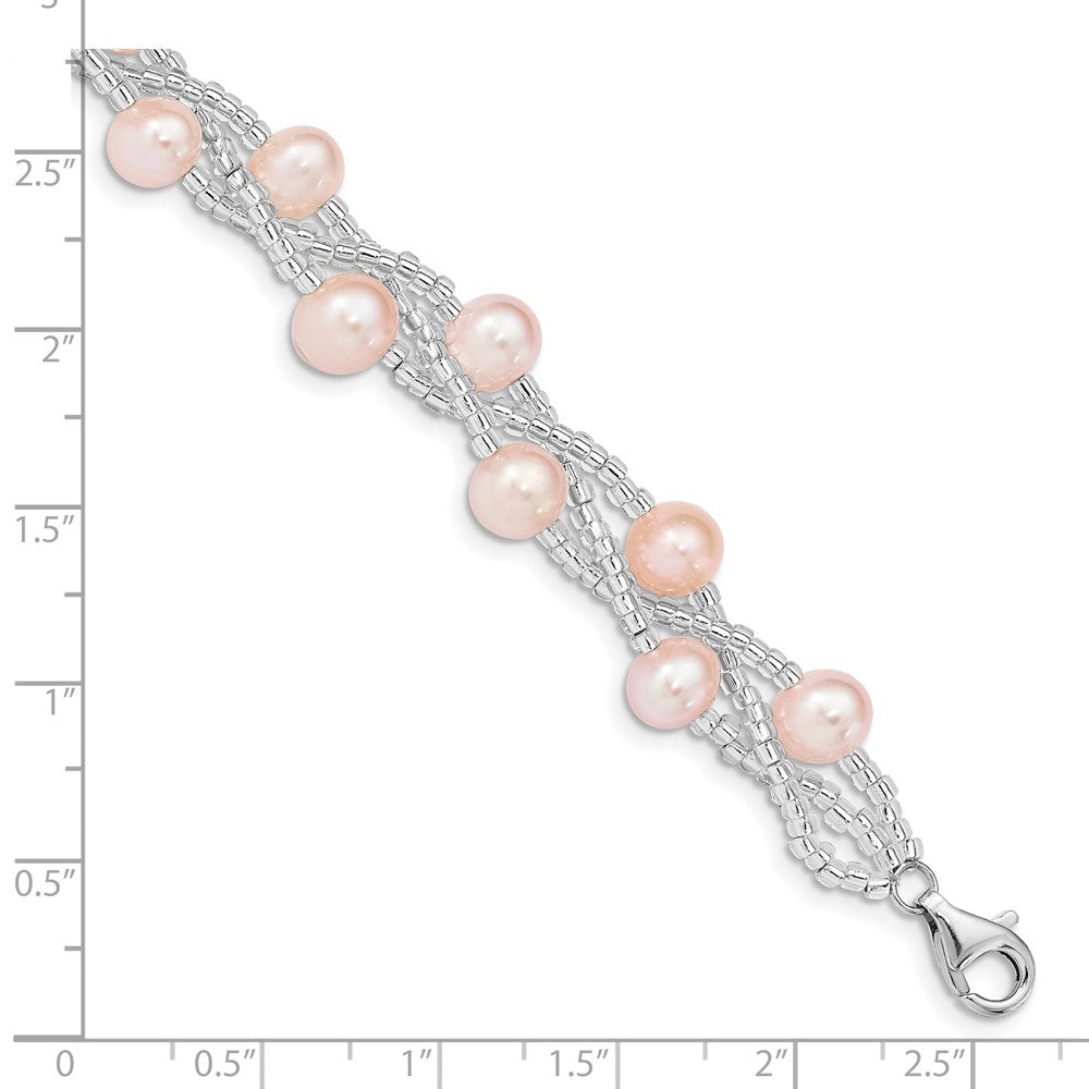 PSSB Sterling Silver Rhodium-plated 7-9mm Pink Semi-Round Freshwater Cultured Pearl and Glass Beaded 7.5 inch Bracelet