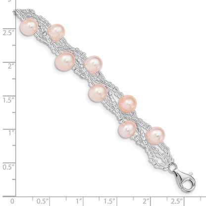 PSSB Sterling Silver Rhodium-plated 7-9mm Pink Semi-Round Freshwater Cultured Pearl and Glass Beaded 7.5 inch Bracelet