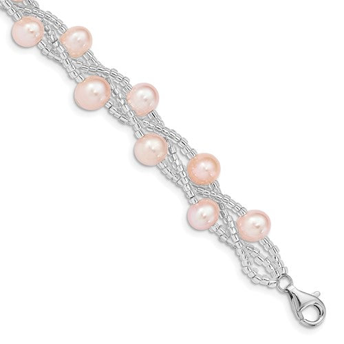 PSSB Sterling Silver Rhodium-plated 7-9mm Pink Semi-Round Freshwater Cultured Pearl and Glass Beaded 7.5 inch Bracelet