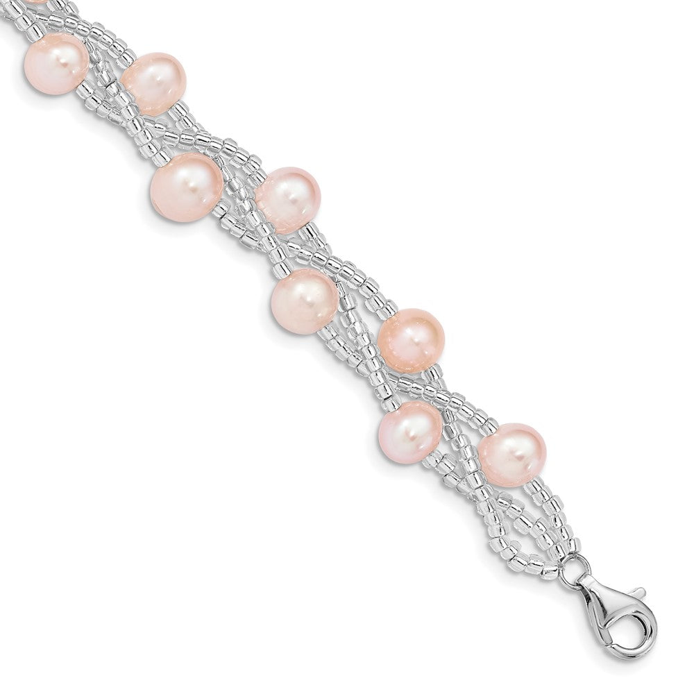 PSSB Sterling Silver Rhodium-plated 7-9mm Pink Semi-Round Freshwater Cultured Pearl and Glass Beaded 7.5 inch Bracelet