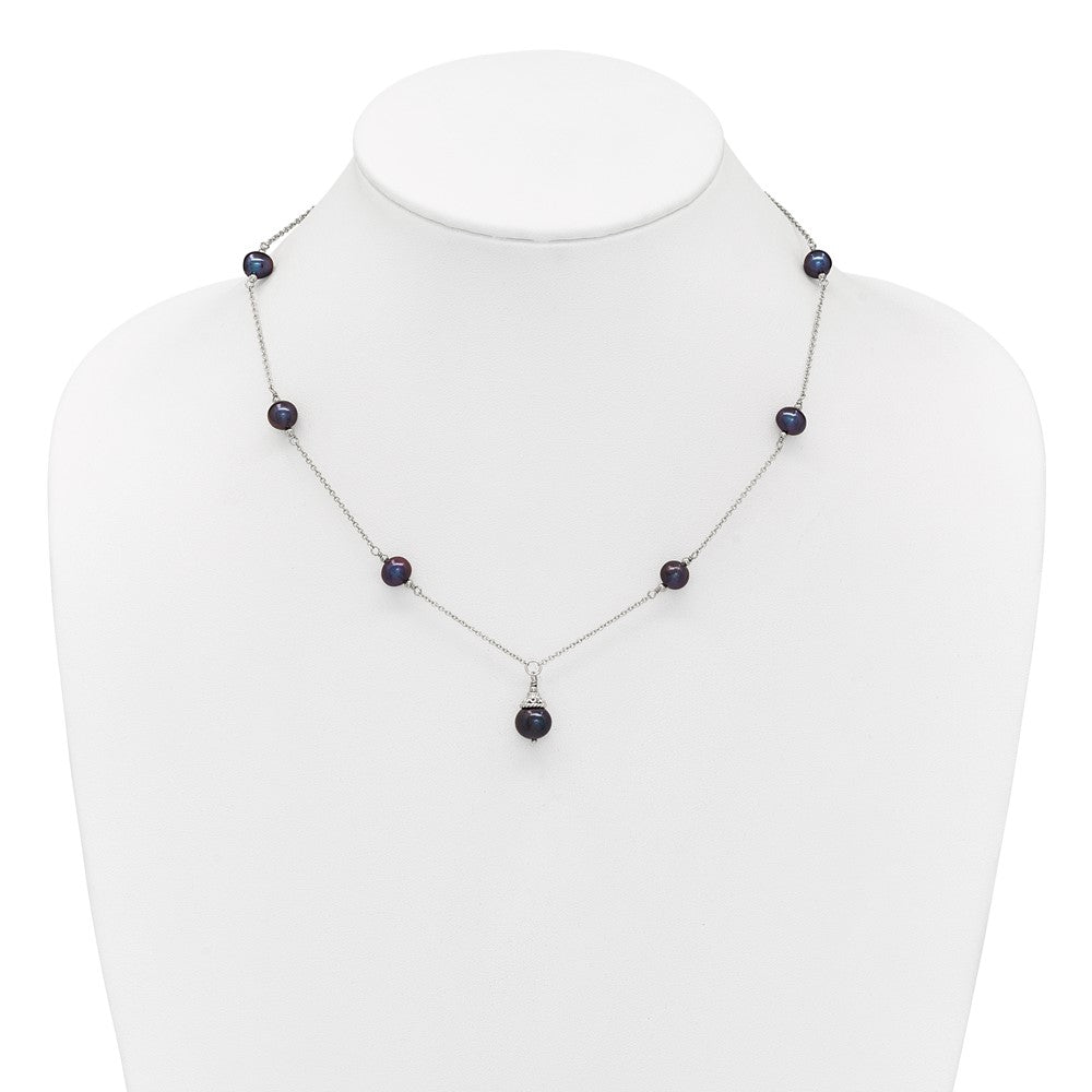 PSSN Sterling Silver Rhodium-plated 9-10mm Black Semi-Round Freshwater Cultured Pearl 18 inch Necklace and Dangle Earrings Set