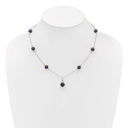 PSSN Sterling Silver Rhodium-plated 9-10mm Black Semi-Round Freshwater Cultured Pearl 18 inch Necklace and Dangle Earrings Set