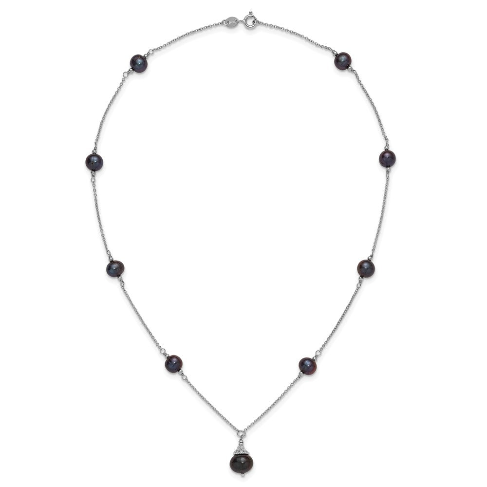 PSSN Sterling Silver Rhodium-plated 9-10mm Black Semi-Round Freshwater Cultured Pearl 18 inch Necklace and Dangle Earrings Set