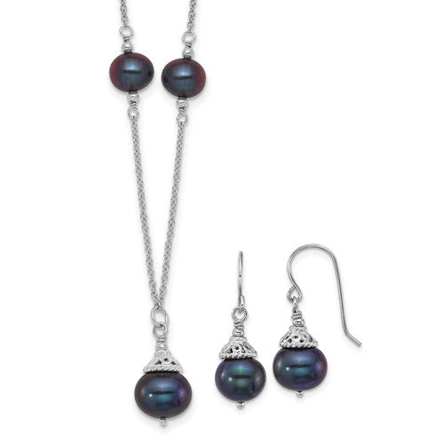 PSSN Sterling Silver Rhodium-plated 9-10mm Black Semi-Round Freshwater Cultured Pearl 18 inch Necklace and Dangle Earrings Set
