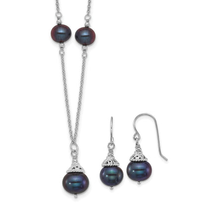 PSSN Sterling Silver Rhodium-plated 9-10mm Black Semi-Round Freshwater Cultured Pearl 18 inch Necklace and Dangle Earrings Set