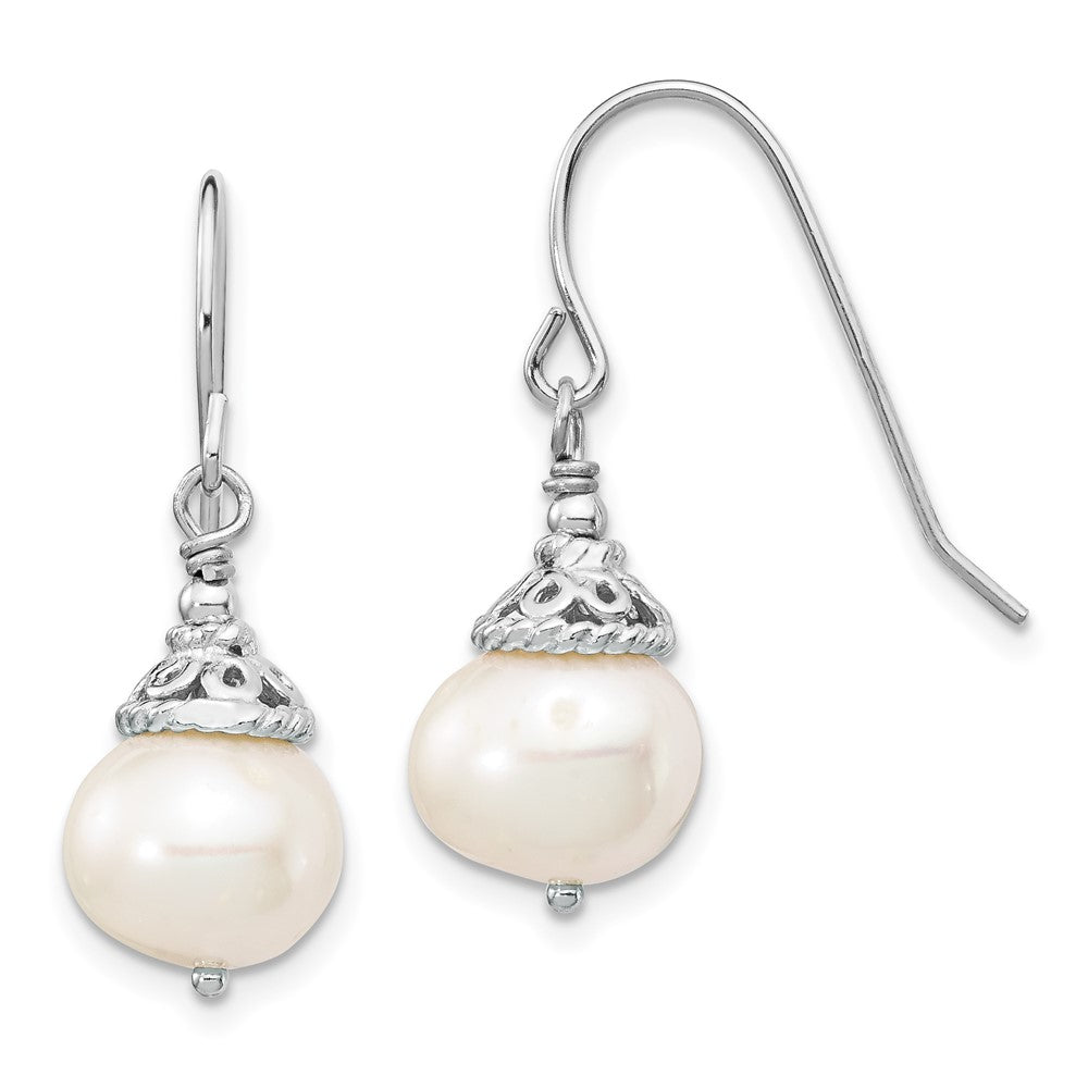 PSSN Sterling Silver Rhodium-plated 9-10mm White Near-Round Freshwater Cultured Pearl 18 inch Necklace and Dangle Earrings Set