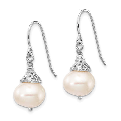 PSSN Sterling Silver Rhodium-plated 9-10mm White Near-Round Freshwater Cultured Pearl 18 inch Necklace and Dangle Earrings Set