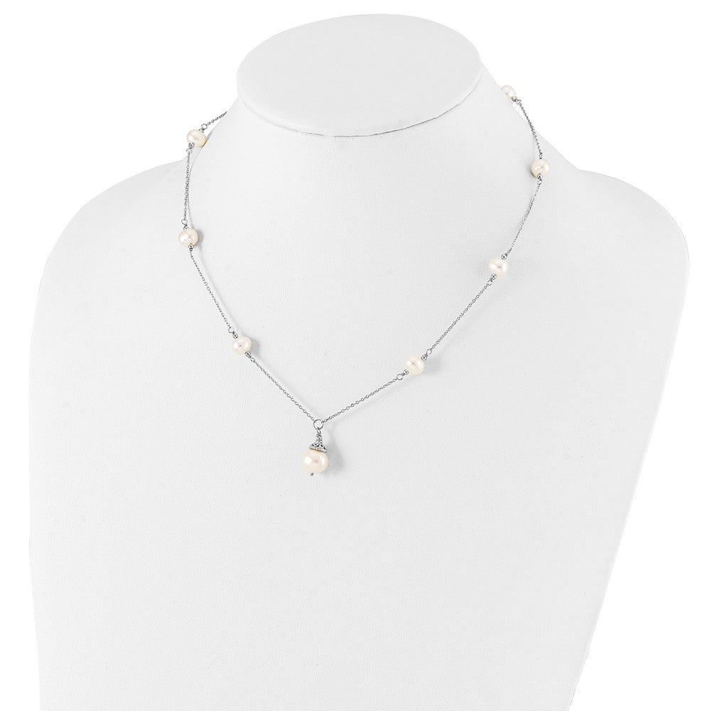 PSSN Sterling Silver Rhodium-plated 9-10mm White Near-Round Freshwater Cultured Pearl 18 inch Necklace and Dangle Earrings Set