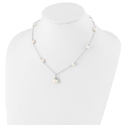 PSSN Sterling Silver Rhodium-plated 9-10mm White Near-Round Freshwater Cultured Pearl 18 inch Necklace and Dangle Earrings Set