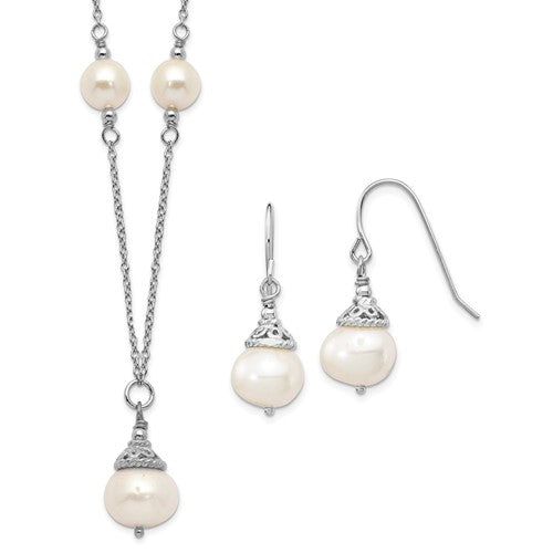 PSSN Sterling Silver Rhodium-plated 9-10mm White Near-Round Freshwater Cultured Pearl 18 inch Necklace and Dangle Earrings Set