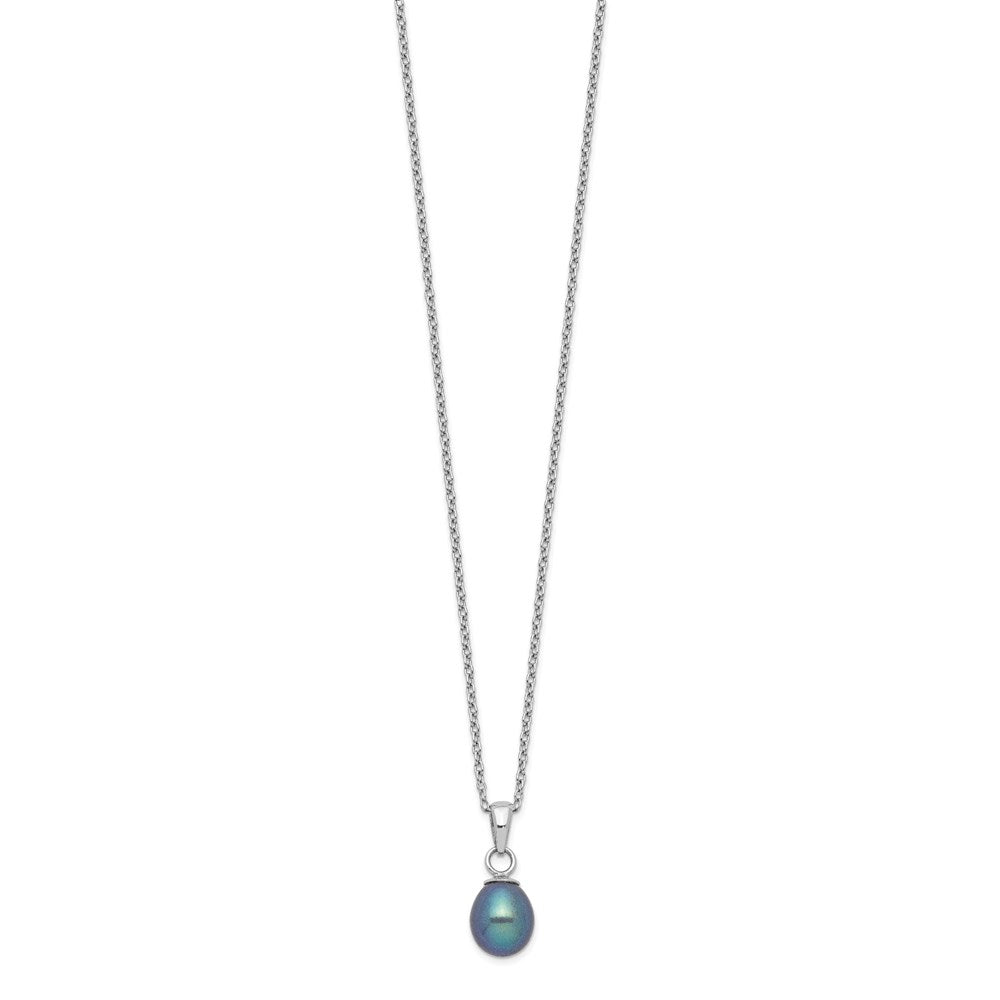 PSSN Sterling Silver Rhodium-plated 6-7mm Black Teardrop Freshwater Cultured Pearl 17 inch Necklace and Button Post Earrings Set