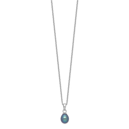 PSSN Sterling Silver Rhodium-plated 6-7mm Black Teardrop Freshwater Cultured Pearl 17 inch Necklace and Button Post Earrings Set