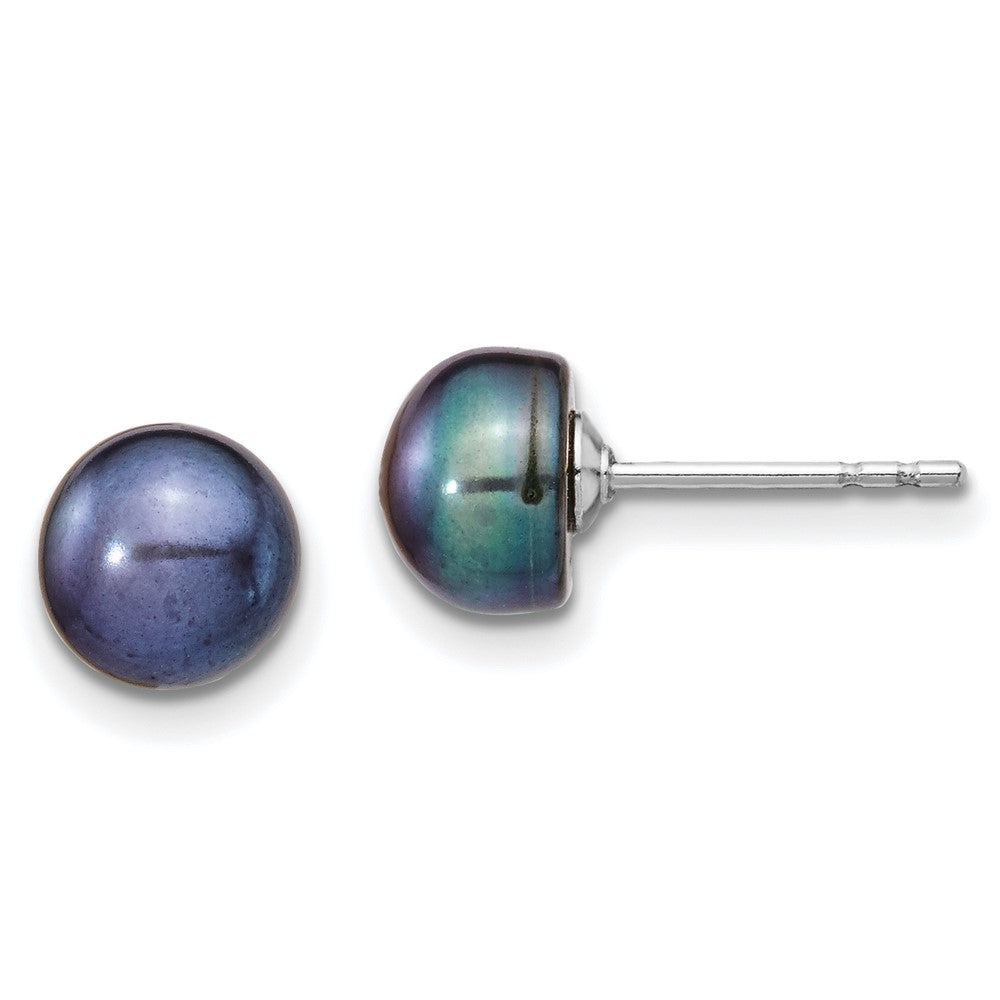 PSSN Sterling Silver Rhodium-plated 6-7mm Black Teardrop Freshwater Cultured Pearl 17 inch Necklace and Button Post Earrings Set