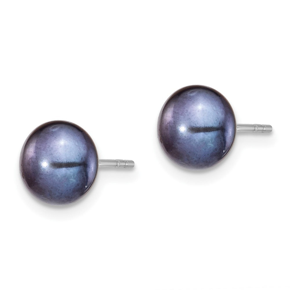 PSSN Sterling Silver Rhodium-plated 6-7mm Black Teardrop Freshwater Cultured Pearl 17 inch Necklace and Button Post Earrings Set