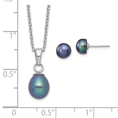 PSSN Sterling Silver Rhodium-plated 6-7mm Black Teardrop Freshwater Cultured Pearl 17 inch Necklace and Button Post Earrings Set