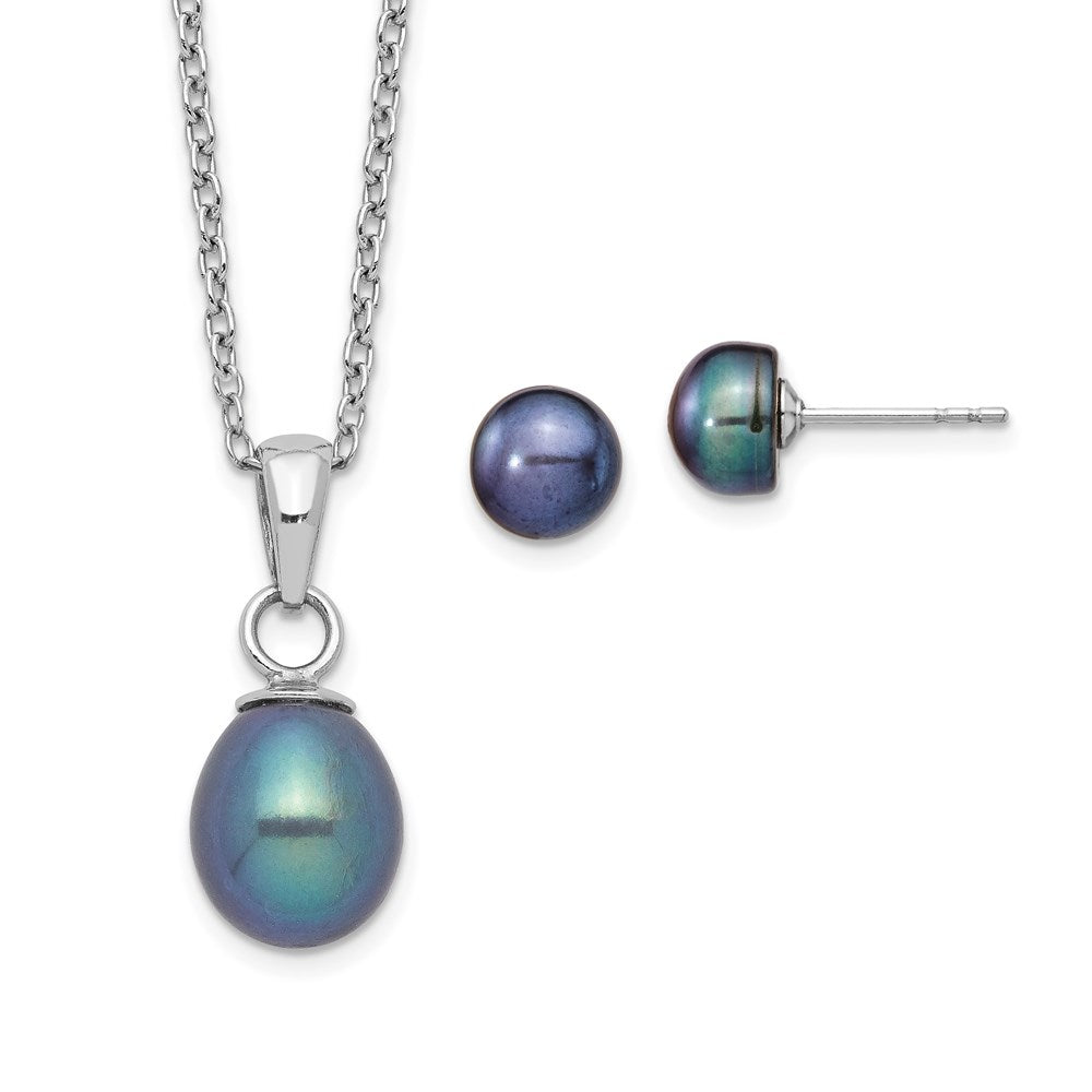 PSSN Sterling Silver Rhodium-plated 6-7mm Black Teardrop Freshwater Cultured Pearl 17 inch Necklace and Button Post Earrings Set