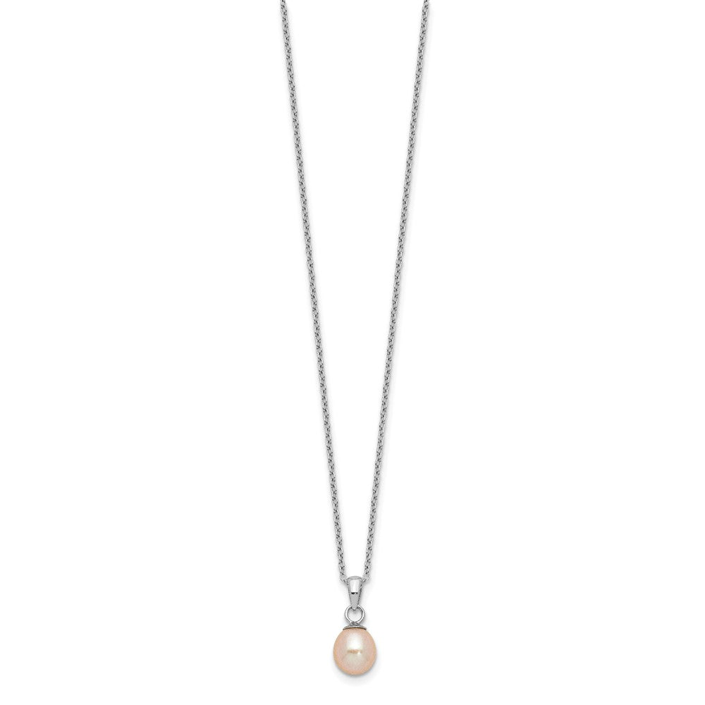 PSSN Sterling Silver Rhodium-plated 6-7mm Pink Teardrop Freshwater Cultured Pearl 17 inch Necklace and Button Post Earrings Set