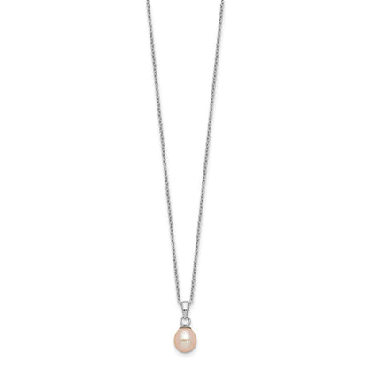 PSSN Sterling Silver Rhodium-plated 6-7mm Pink Teardrop Freshwater Cultured Pearl 17 inch Necklace and Button Post Earrings Set