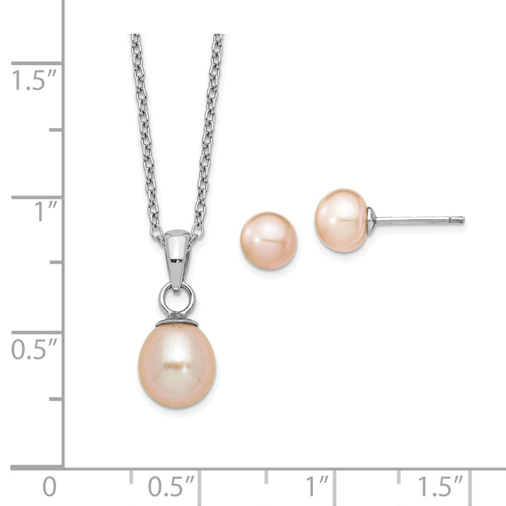 PSSN Sterling Silver Rhodium-plated 6-7mm Pink Teardrop Freshwater Cultured Pearl 17 inch Necklace and Button Post Earrings Set