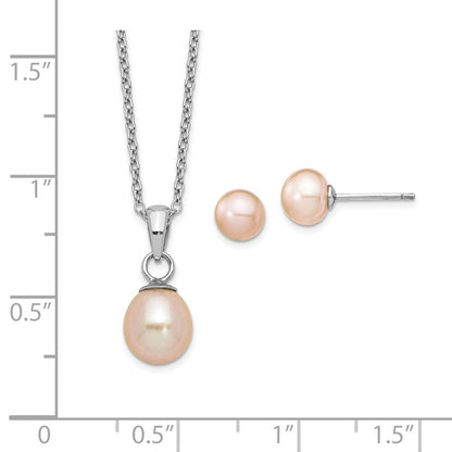 PSSN Sterling Silver Rhodium-plated 6-7mm Pink Teardrop Freshwater Cultured Pearl 17 inch Necklace and Button Post Earrings Set