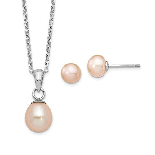PSSN Sterling Silver Rhodium-plated 6-7mm Pink Teardrop Freshwater Cultured Pearl 17 inch Necklace and Button Post Earrings Set