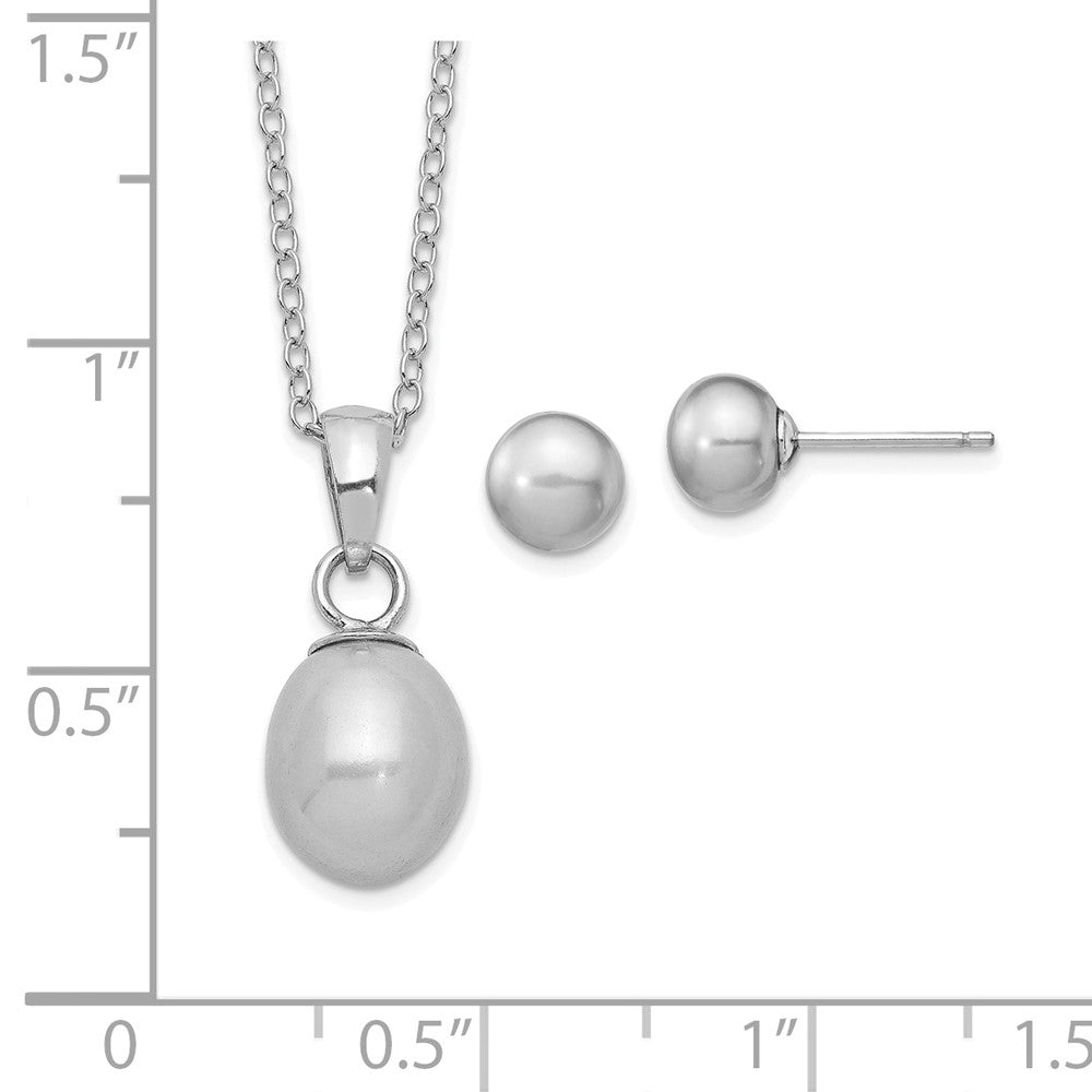 PSSN Sterling Silver Rhodium-plated 6-7mm Grey Teardrop Freshwater Cultured Pearl 17 inch Necklace and Button Earrings Set