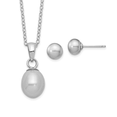 PSSN Sterling Silver Rhodium-plated 6-7mm Grey Teardrop Freshwater Cultured Pearl 17 inch Necklace and Button Earrings Set