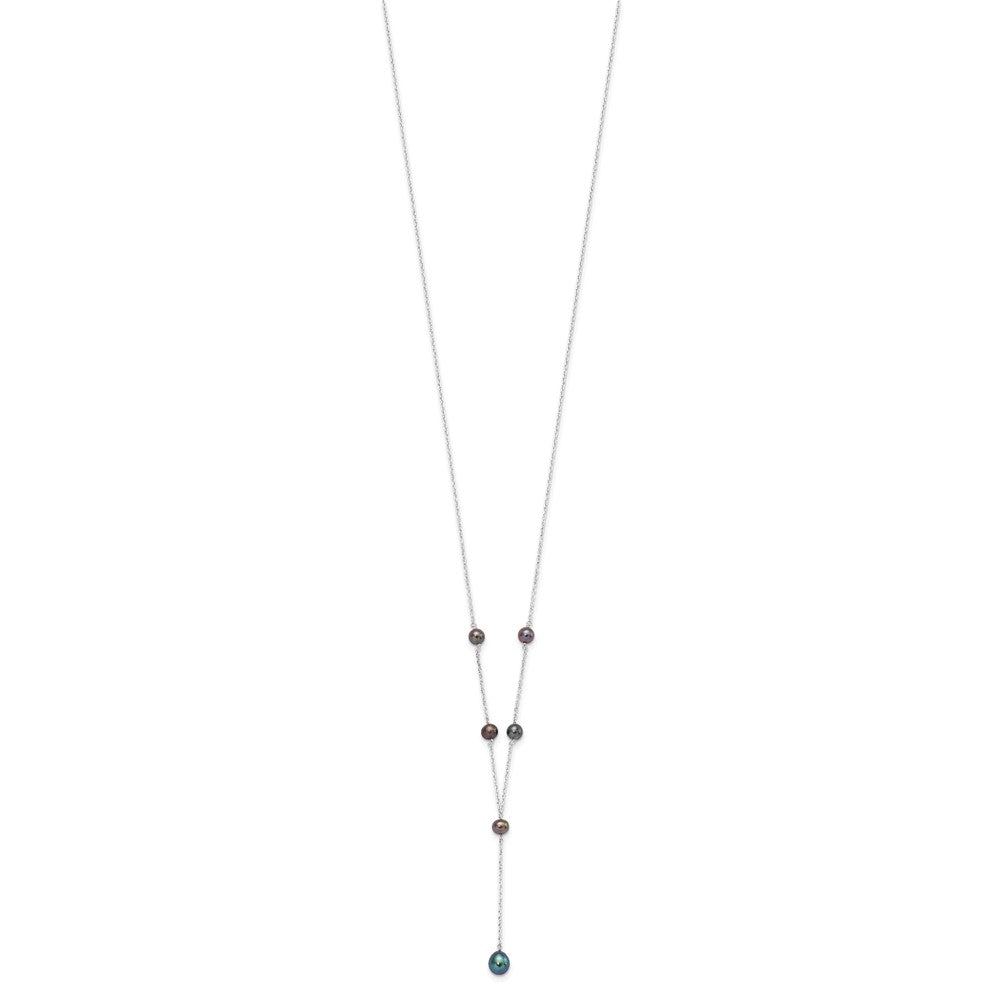PSSN Sterling Silver Rhodium-plated 6-8mm Black Teardrop and Semi-Round Freshwater Cultured Pearl 6-Station Y-Drop 16 inch Necklace