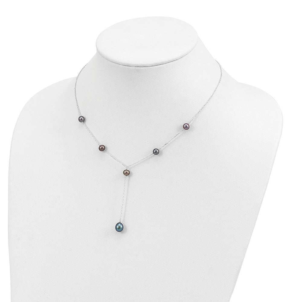 PSSN Sterling Silver Rhodium-plated 6-8mm Black Teardrop and Semi-Round Freshwater Cultured Pearl 6-Station Y-Drop 16 inch Necklace