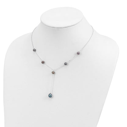 PSSN Sterling Silver Rhodium-plated 6-8mm Black Teardrop and Semi-Round Freshwater Cultured Pearl 6-Station Y-Drop 16 inch Necklace