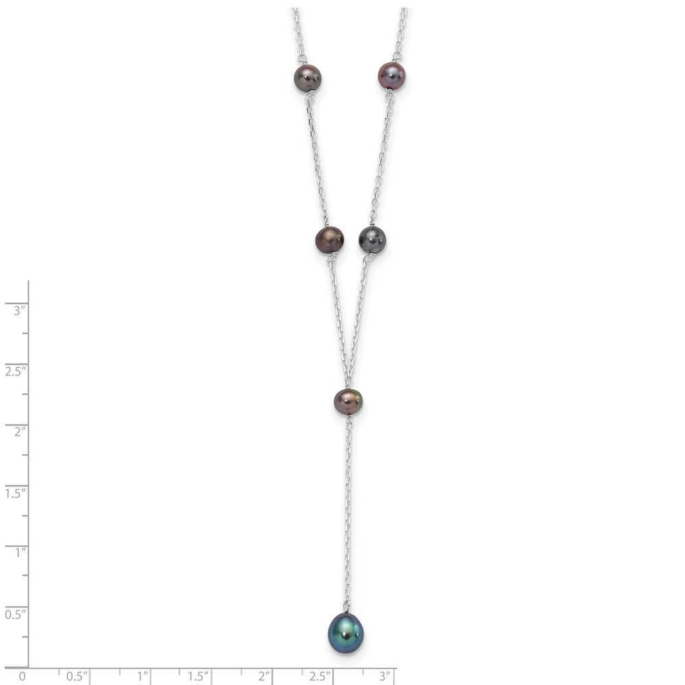 PSSN Sterling Silver Rhodium-plated 6-8mm Black Teardrop and Semi-Round Freshwater Cultured Pearl 6-Station Y-Drop 16 inch Necklace