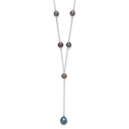 PSSN Sterling Silver Rhodium-plated 6-8mm Black Teardrop and Semi-Round Freshwater Cultured Pearl 6-Station Y-Drop 16 inch Necklace